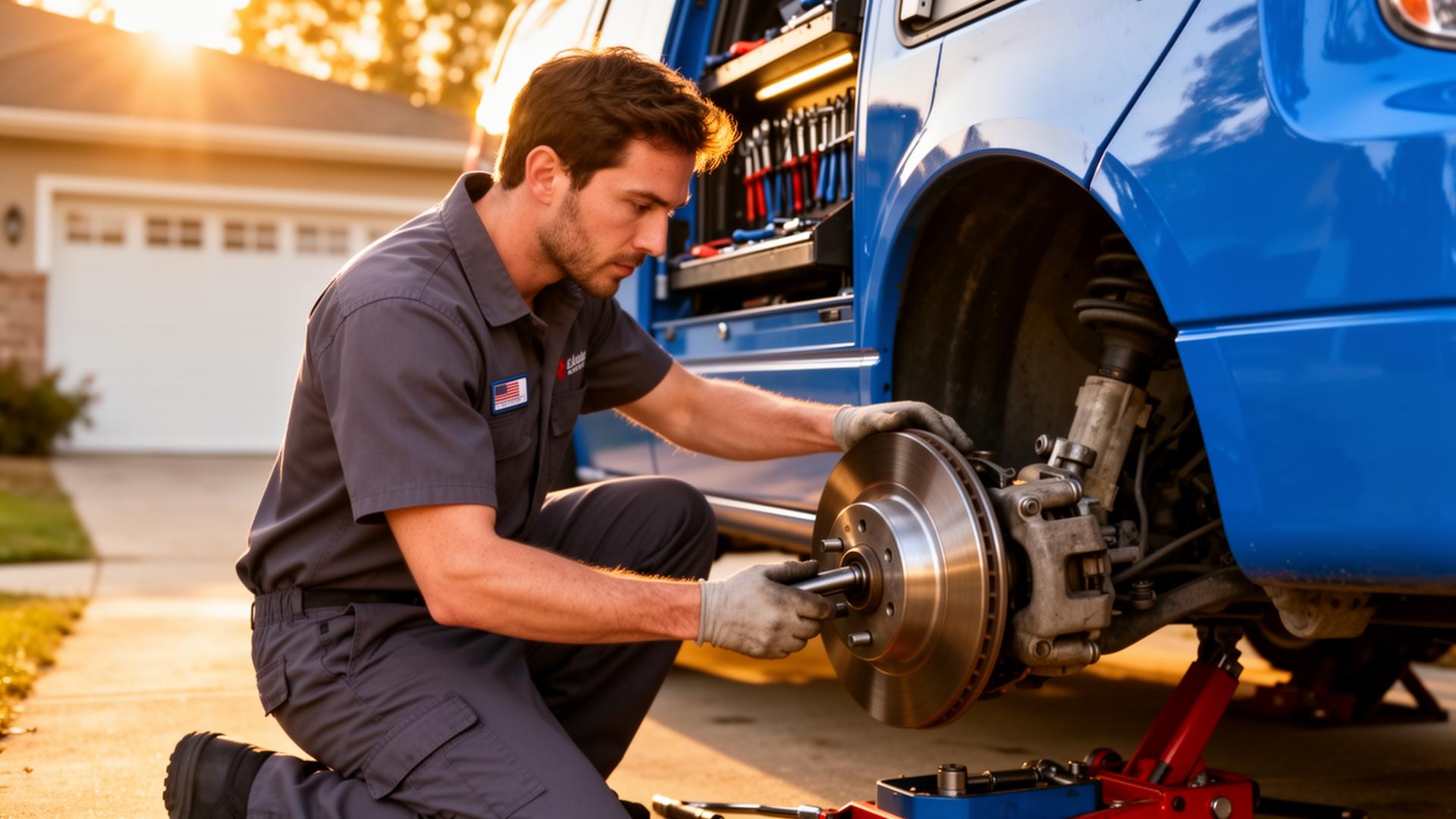 ASE-certified Brake MD.com technician replacing a brake rotor in a residential driveway at sunset